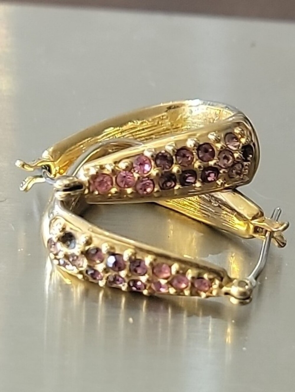 Gold Tone Hoop Earrings with Pink Crystal Accents